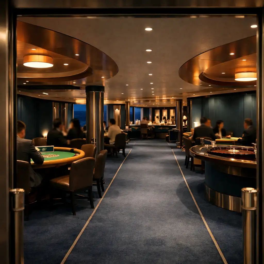 Eleganckie wnętrze casino lounge na statku wycieczkowym z przejściem między stołami