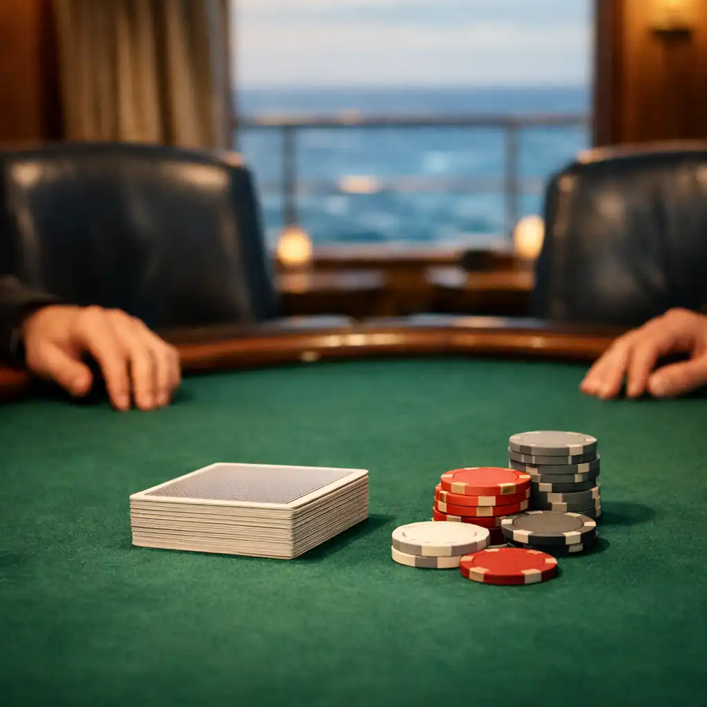 Fizyczny stół pokerowy w eleganckim Poker Roomie na statku wycieczkowym