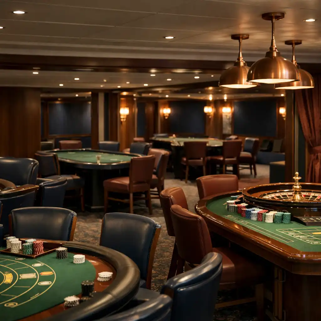 Stonowane wnętrze casino na statku wycieczkowym z eleganckimi stołami