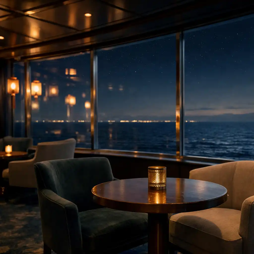 Kameralny lounge na statku wycieczkowym z nocnym widokiem na ocean