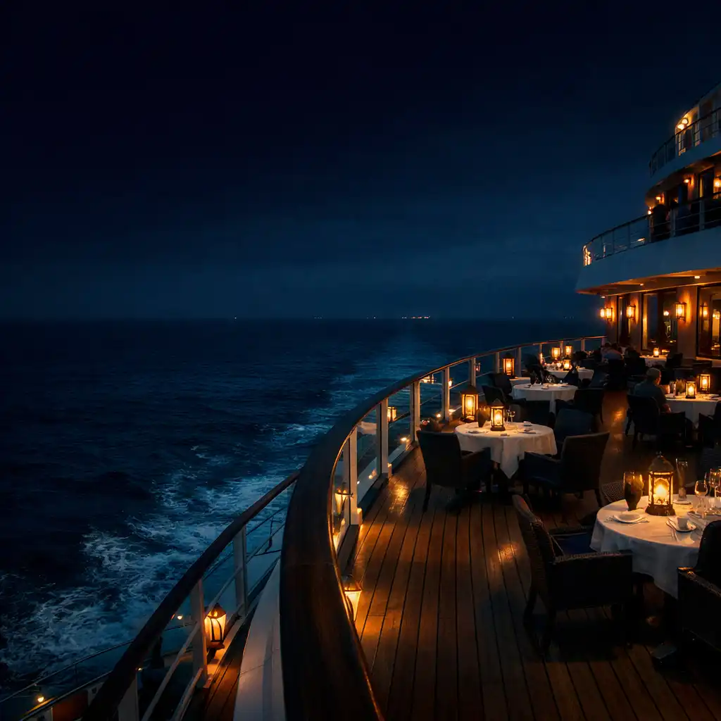 Nocny taras restauracyjny na statku wycieczkowym z widokiem na ocean