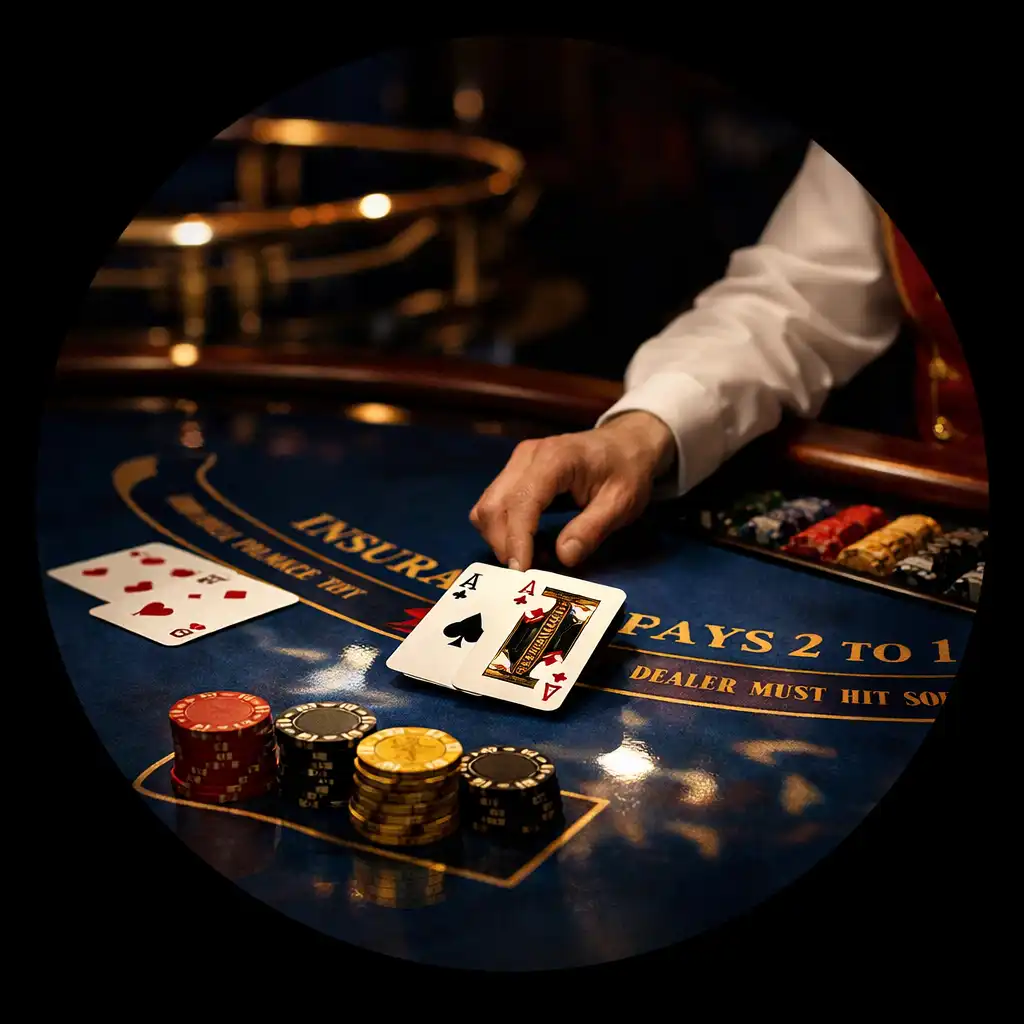 Zbliżenie na stół do blackjacka w kasynie na statku z kartami, żetonami i dłonią krupiera
