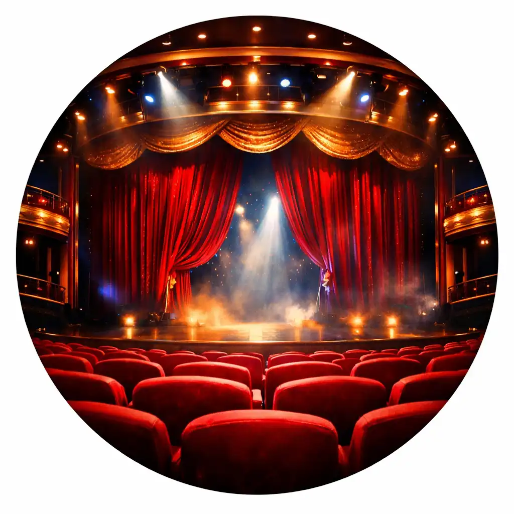 Teatr na statku wycieczkowym z czerwonymi fotelami, dużą sceną i dramatycznym oświetleniem